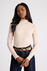 Wilde Beige Ribbed Long Sleeve Mock Neck Bodysuit