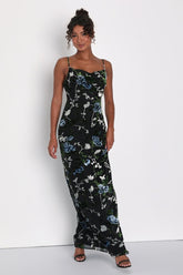 Chic Romantic Black Burnout Velvet Floral Cowl Neck Dress