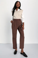 Posh Promotion Brown Twill High Rise Tapered Trouser Pants
