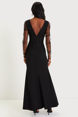 Red Carpet Energy Black Tulle Long Sleeve Mermaid Maxi Dress