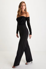 Stunning Occasion Black Burnout Velvet Off-the-Shoulder Jumpsuit