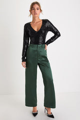 Sparkling Evenings Black Sequin V-Neck Long Sleeve Bodysuit