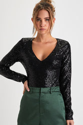 Sparkling Evenings Black Sequin V-Neck Long Sleeve Bodysuit