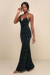 Marvelous Icon Emerald Velvet Glitter Backless Maxi Dress