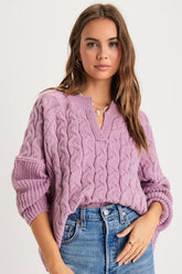 Toasty Charm Lavender Cable Knit Notched Oversized Sweater