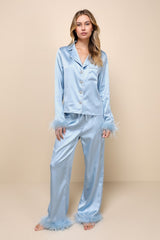 Dreamiest Delight Light Blue Satin Feather Two-Piece Pajama Set