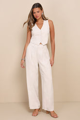 Suits You Perfectly Beige Linen Wide-Leg Pants