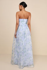 Charming Sweetness Periwinkle Floral Organza Bustier Maxi Dress
