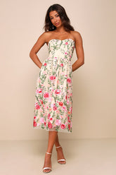 Endless Praise Beige Floral Embroidered Strapless Midi Dress