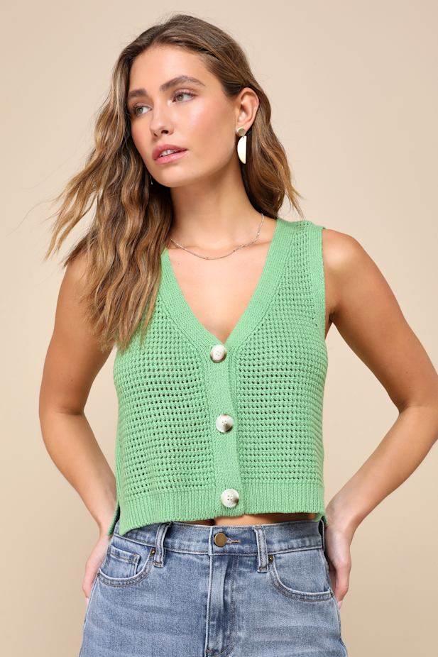 Aesthetic Ease Green Pierced Knit Button-Front Cropped Tank Top