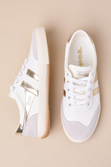 Badminton Off White and Gold Color Block Suede Leather Sneakers