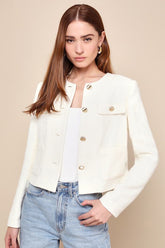 Undeniably Poised Cream Tweed Crew Neck Button-Front Blazer