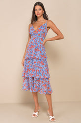 Adorable Obsession Blue Floral Print Lurex Tiered Midi Dress