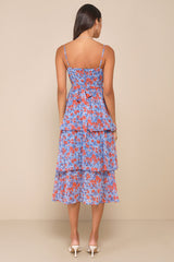 Adorable Obsession Blue Floral Print Lurex Tiered Midi Dress