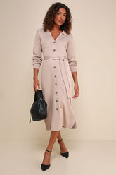 Charming Comfort Beige Collared Button-Up Sweater Dress