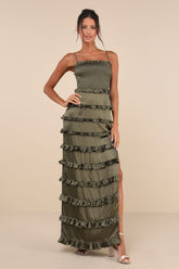 Sincerely Fabulous Olive Green Satin Smocked Ruffled Maxi Dress