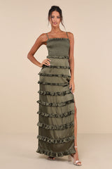 Sincerely Fabulous Olive Green Satin Smocked Ruffled Maxi Dress