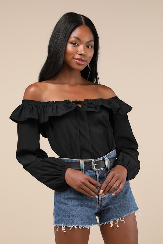 Dreamy Perception Black Ruffled Long Sleeve Off-the-Shoulder Top
