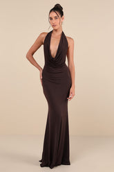 Eye-Catching Silhouette Dark Brown Cowl Neck Halter Maxi Dress
