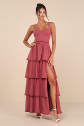 Sophisticated Occasion Rusty Rose Bustier Lace-Up Maxi Dress