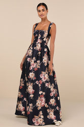 Elegant Pick Navy Blue Floral Sleeveless Bustier Maxi Dress