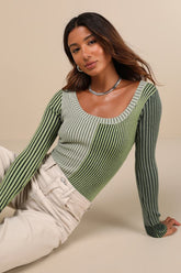 Mod Cutie Green Color Block Ribbed Long Sleeve Bodysuit