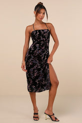 Elegant Persuasion Black Burnout Velvet Lace-Up Midi Dress