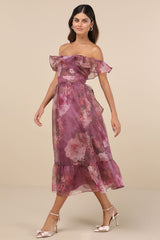 Sweet Composure Plum Floral Organza Off-the-Shoulder Midi Dress