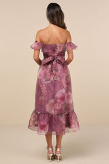 Sweet Composure Plum Floral Organza Off-the-Shoulder Midi Dress
