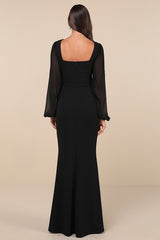Composed Elegance Black Balloon Sleeve Mermaid Maxi Dress