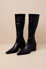 Giselle Black Leather Pointed-Toe Knee-High Boots