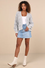 Cutest Coziness Grey Textured Balloon Sleeve Cardigan Sweater