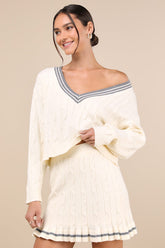 Studious Charm Ivory and Heather Grey Cable Knit Mini Skirt