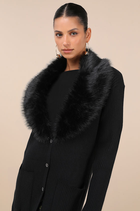 Effortlessly Lavish Black Ribbed Faux Fur Collared Coatigan