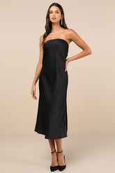 Effortless Bliss Black Satin Strapless Cowl Back Midi Dress