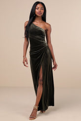 Elegant Era Olive Green Velvet One-Shoulder Maxi Dress