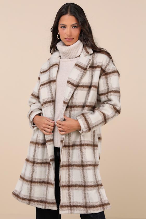 Emily Ivory Plaid Brushed Open-Front Coat