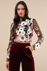Fantastic Charisma Black 3D Floral Lace-Up Top