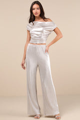 Spectacular Shimmer Champagne Lurex Plisse Wide-Leg Pants