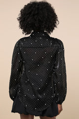Poised Glam Black Sheer Rhinestone Button-Up Top
