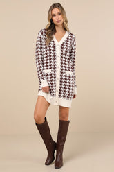 Truly Iconic Ivory and Brown Houndstooth Cardigan Sweater Dress