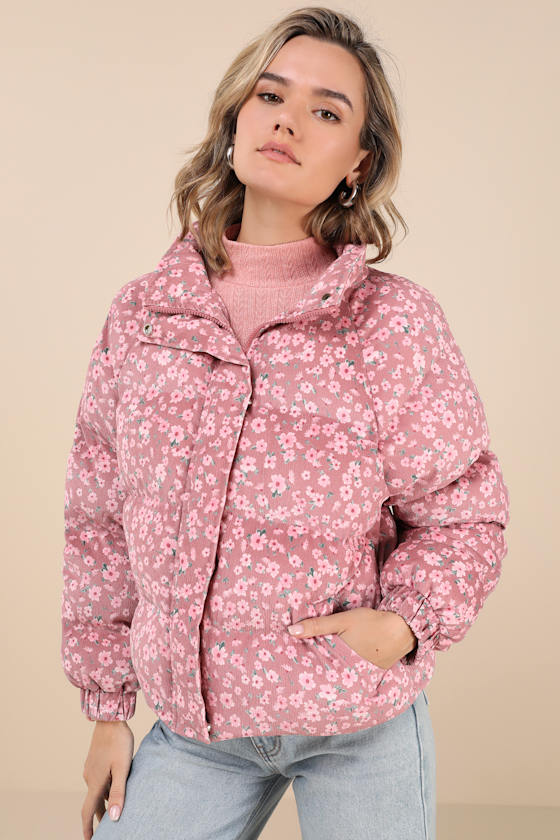 Calli Pink Floral Corduroy Puffer Jacket