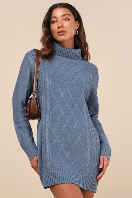 Cuddle Up Close Blue Cable Knit Turtleneck Sweater Dress