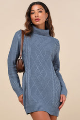 Cuddle Up Close Blue Cable Knit Turtleneck Sweater Dress