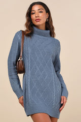 Cuddle Up Close Blue Cable Knit Turtleneck Sweater Dress