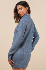 Cuddle Up Close Blue Cable Knit Turtleneck Sweater Dress