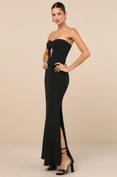 Elegant Finesse Black Pleated Cutout Maxi Dress