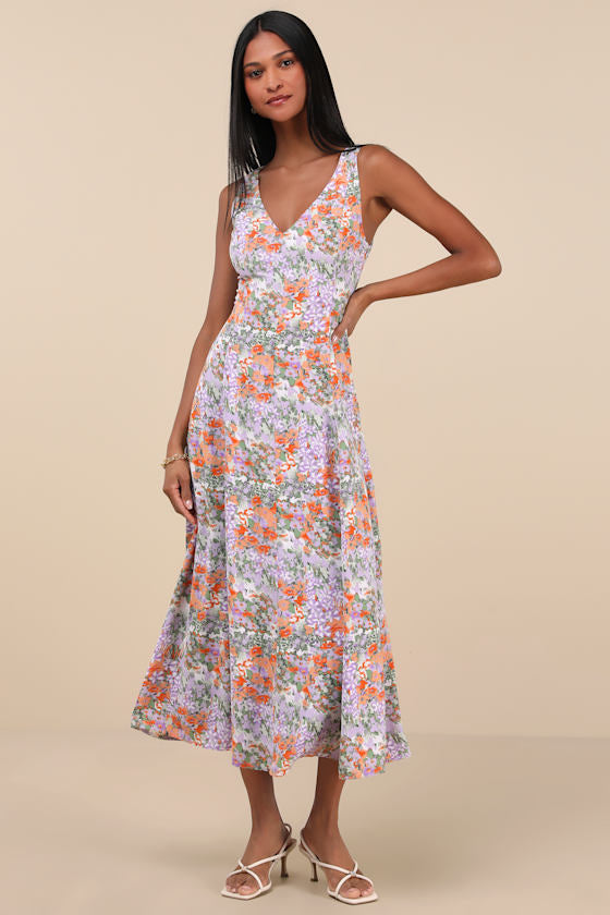 Your Only Darling Lavender Floral Print Sleeveless Midi Dress