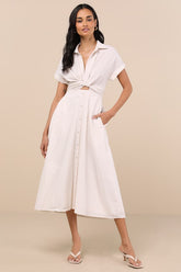 Adorable Impression Beige and White Midi Dress With Pockets