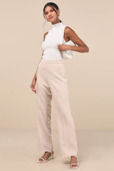 Chic Muse Beige High-Rise Straight Leg Trouser Pants